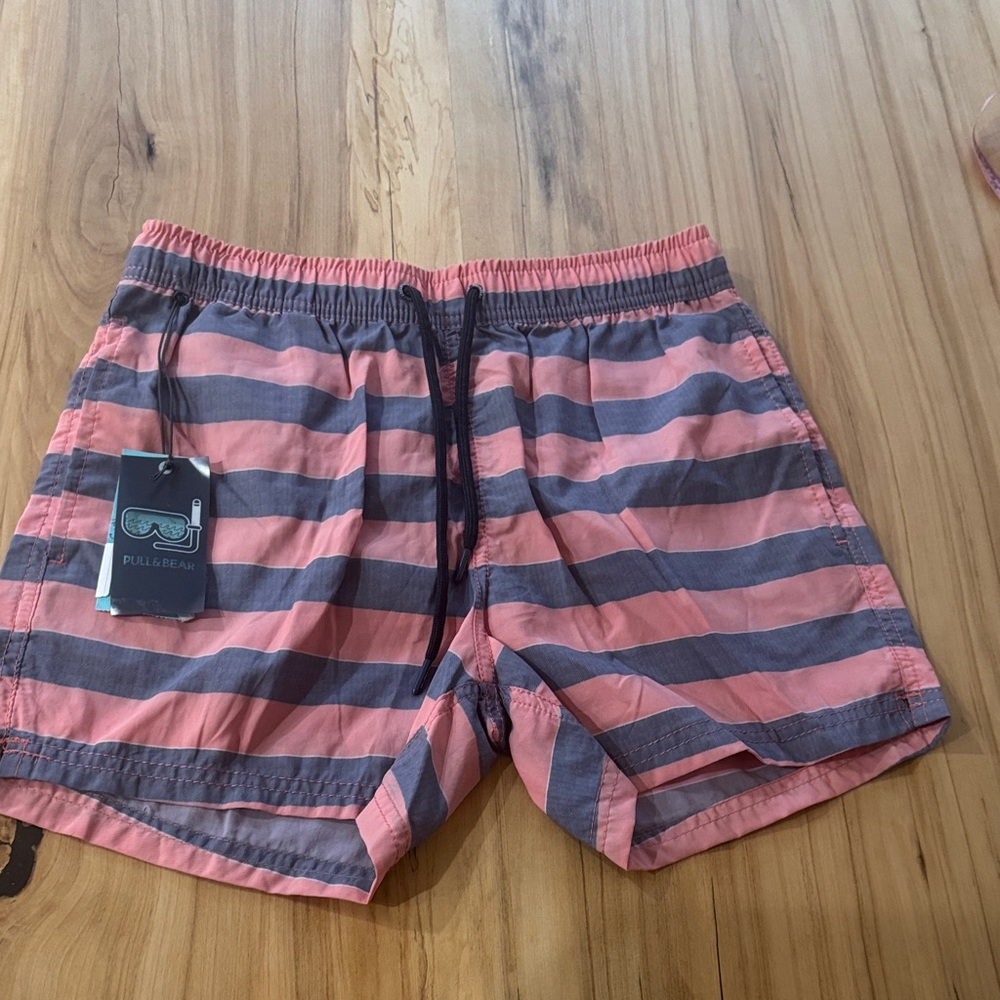 Pull&Bear Men's Coral and Charcoal Striped Swim Trunks